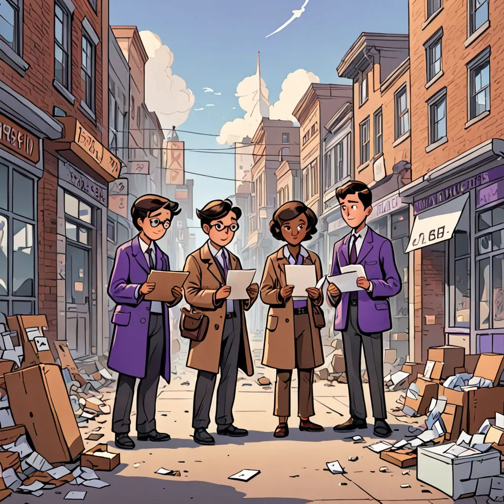 a group of people standing in front of a pile of boxes and boxes on a street corner with a building in the background, process art, a comic book panel, Everett Warner, comic cover art