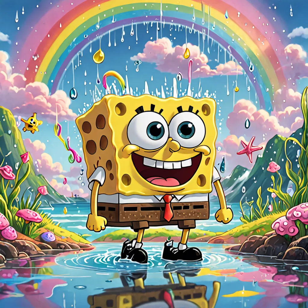 a cartoon spongebob standing in a puddle of water with a rainbow in the background and a rainbow in the sky, pop surrealism, concept art, Chris LaBrooy, official art