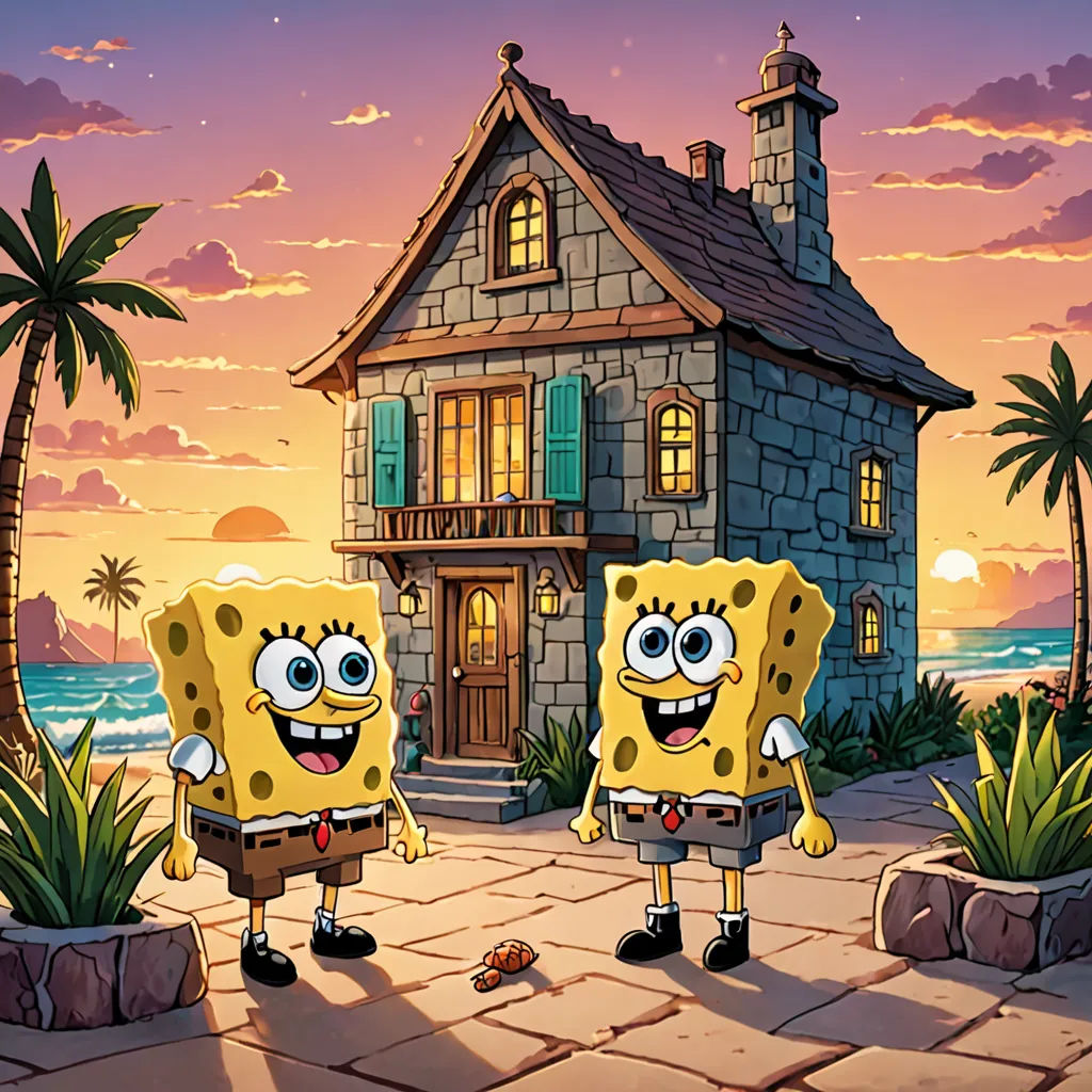 two spongebobs are standing in front of a house at sunset with a beach in the background and a palm tree, sots art, concept art, Chris LaBrooy, official art