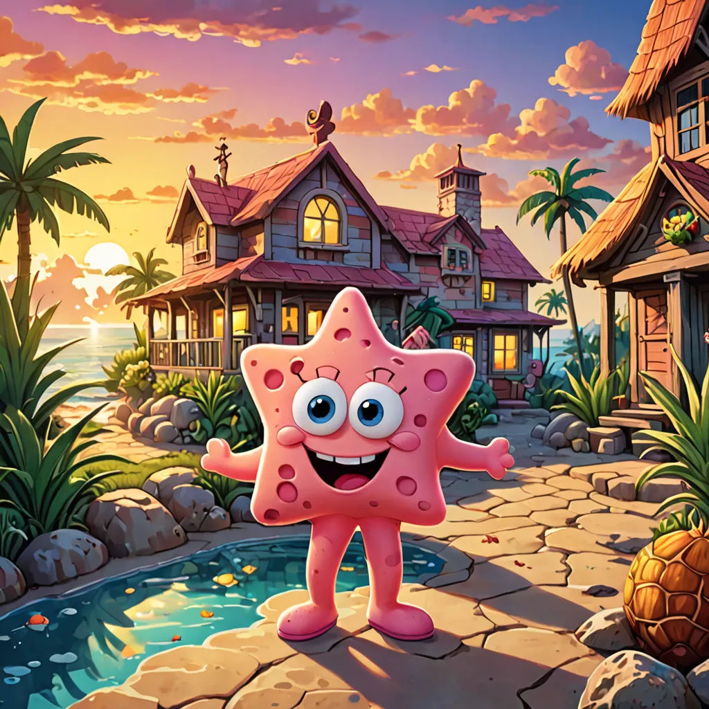 a cartoon character standing in front of a house with a pool in front of it and a sunset behind it, sots art, concept art, Chris LaBrooy, promotional image