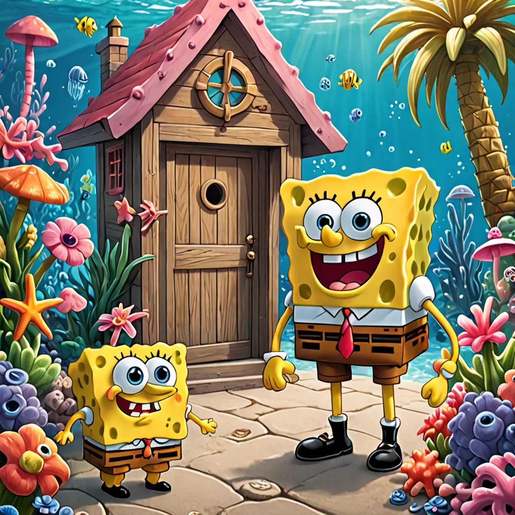 a cartoon spongebob standing in front of a house with a little girl in front of it and a man in front of it, pop surrealism, concept art, Chris LaBrooy, promotional image