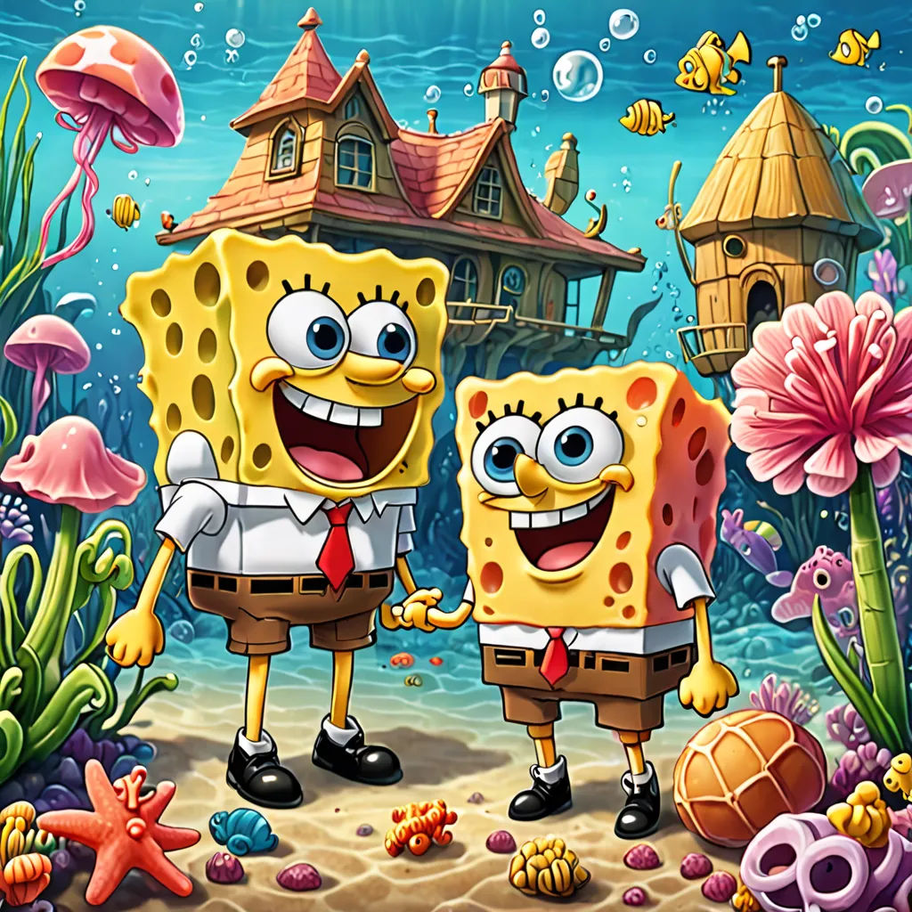 spongebob and patrick in the ocean with a house in the background and a fish in the water, pop surrealism, concept art, Chris LaBrooy, key art
