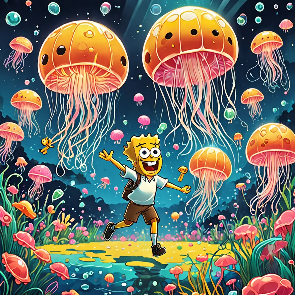 They reached Jellyfish Fields, where the jellyfish were buzzing about. SpongeBob and Patrick began chasing the jellyfish with their nets, laughing and frolicking around.