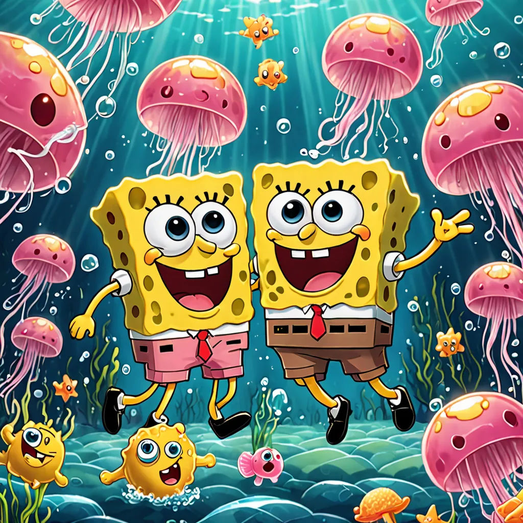 a couple of spongebobs are in the water with jellyfishs around them and a jelly fish, pop surrealism, poster art, Chris LaBrooy, promotional image