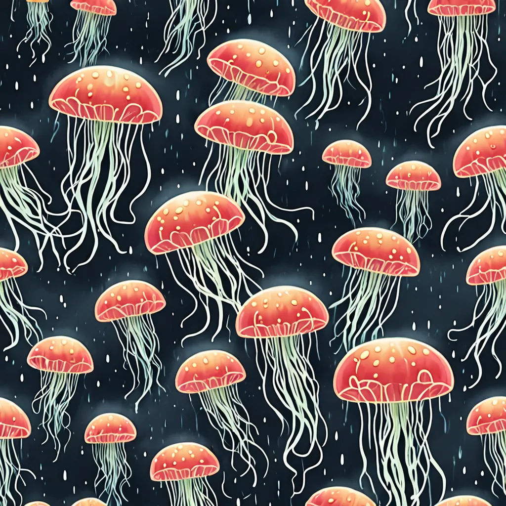 a group of jellyfish floating in the water on a dark background with drops of water on them,, psychedelic art, a silk screen, Chris LaBrooy, jellyfish