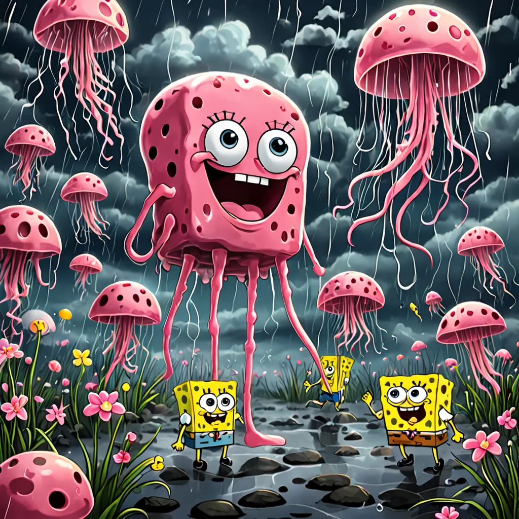 a cartoon character is standing in the rain with a bunch of jellyfishs in the background and a spongebob character is in the foreground, pop surrealism, concept art, Chris LaBrooy, highly detailed digital art