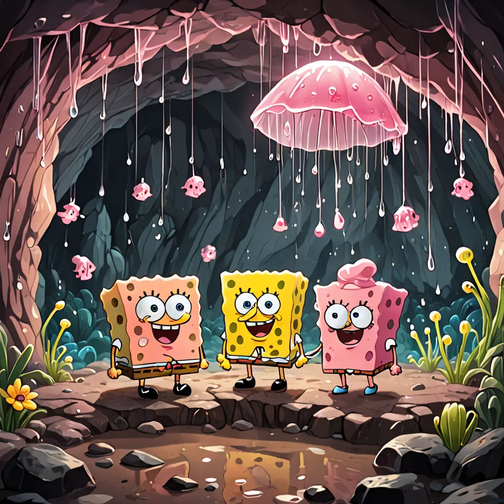 a group of spongebob characters standing in a cave under a pink umbrella with rain drops hanging from the ceiling, pop surrealism, a cave painting, Chris LaBrooy, key art