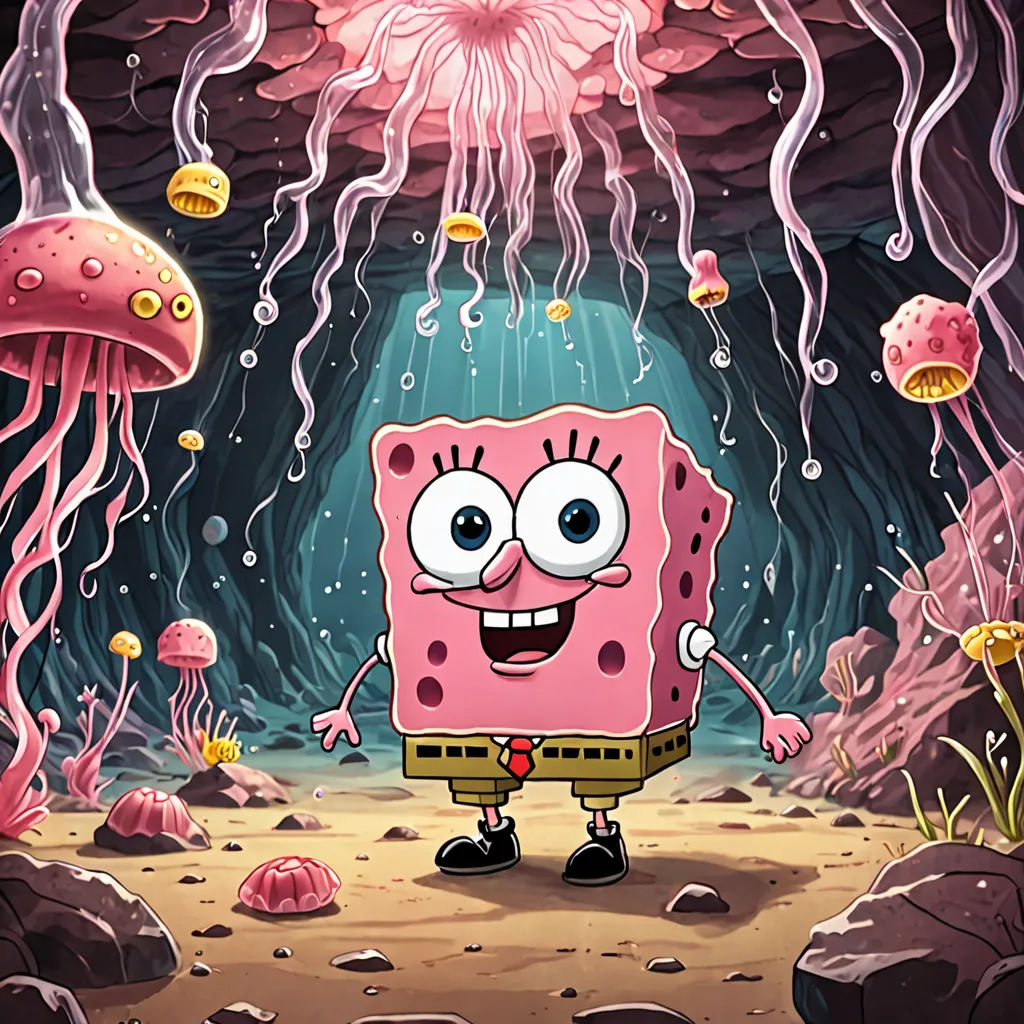 a cartoon character is standing in a cave with jellyfishs and jellyfishs around him, and a pink spongebob is smiling, pop surrealism, concept art, Chris LaBrooy, official art