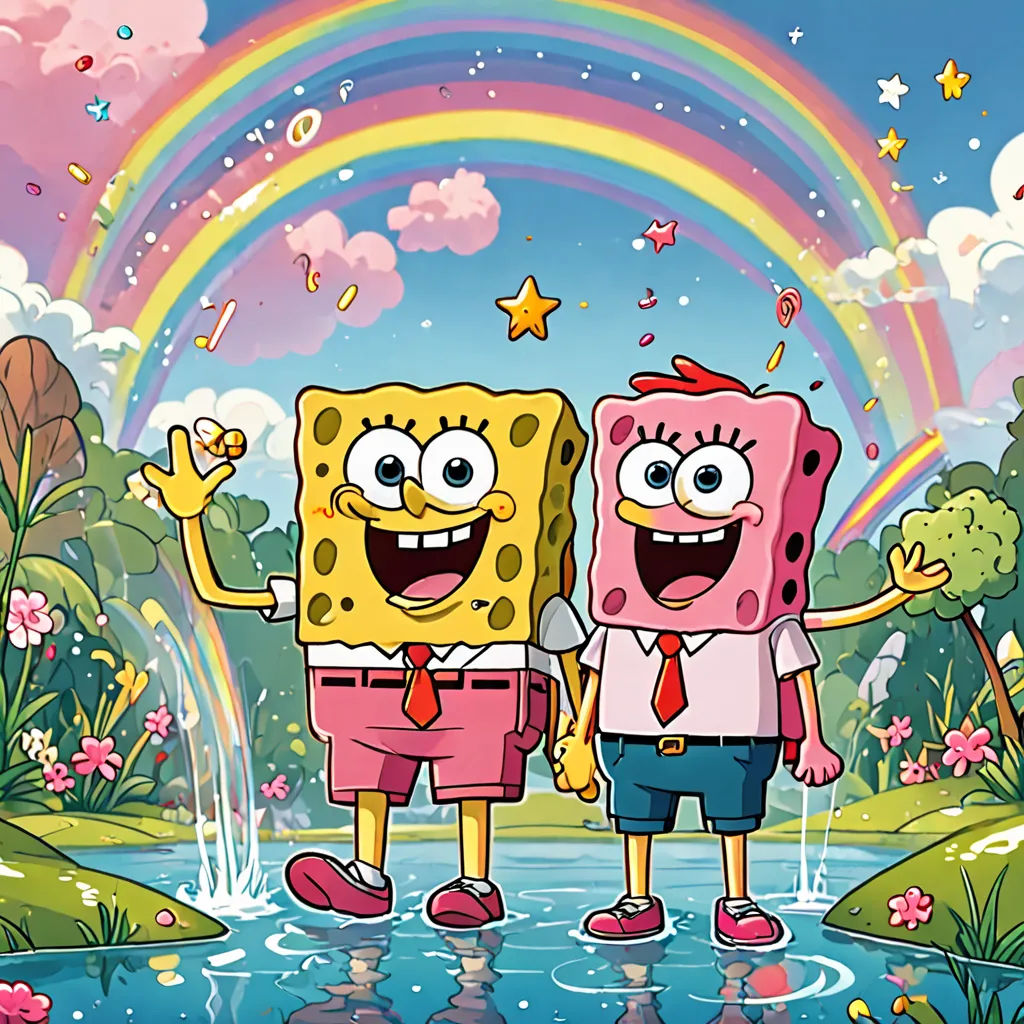 two cartoon characters standing in front of a rainbow and a pond with a rainbow in the background and a rainbow in the sky, sots art, concept art, Chris LaBrooy, promotional image