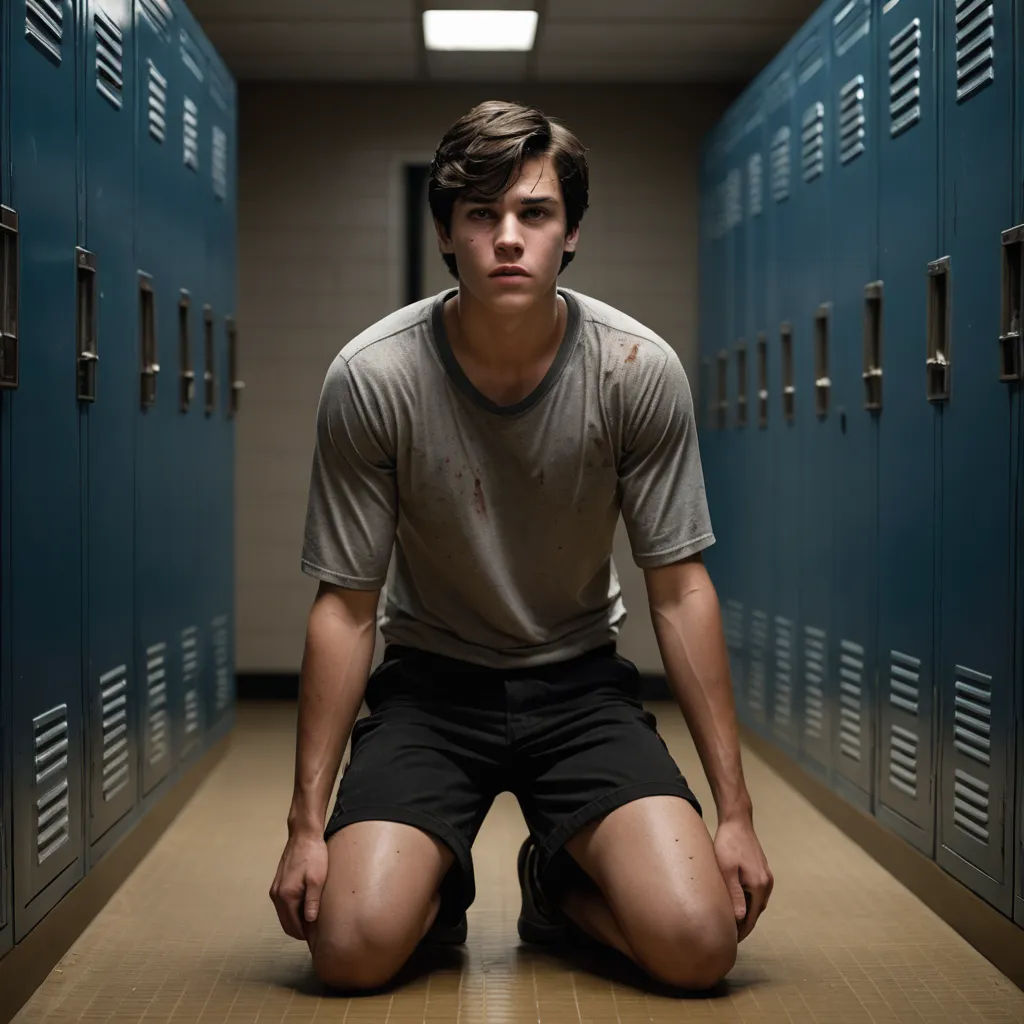 a man sitting on the floor in a hallway with lockers in the background and a light on the ceiling, shock art, a poster, David Budd, promotional image