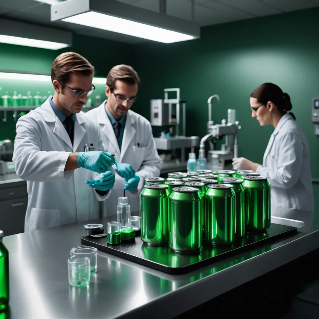 two men in lab coats and gloves are filling green soda cans with liquid on a table with a woman in the background, arbeitsrat für kunst, a stock photo, Christian W. Staudinger, promotional image