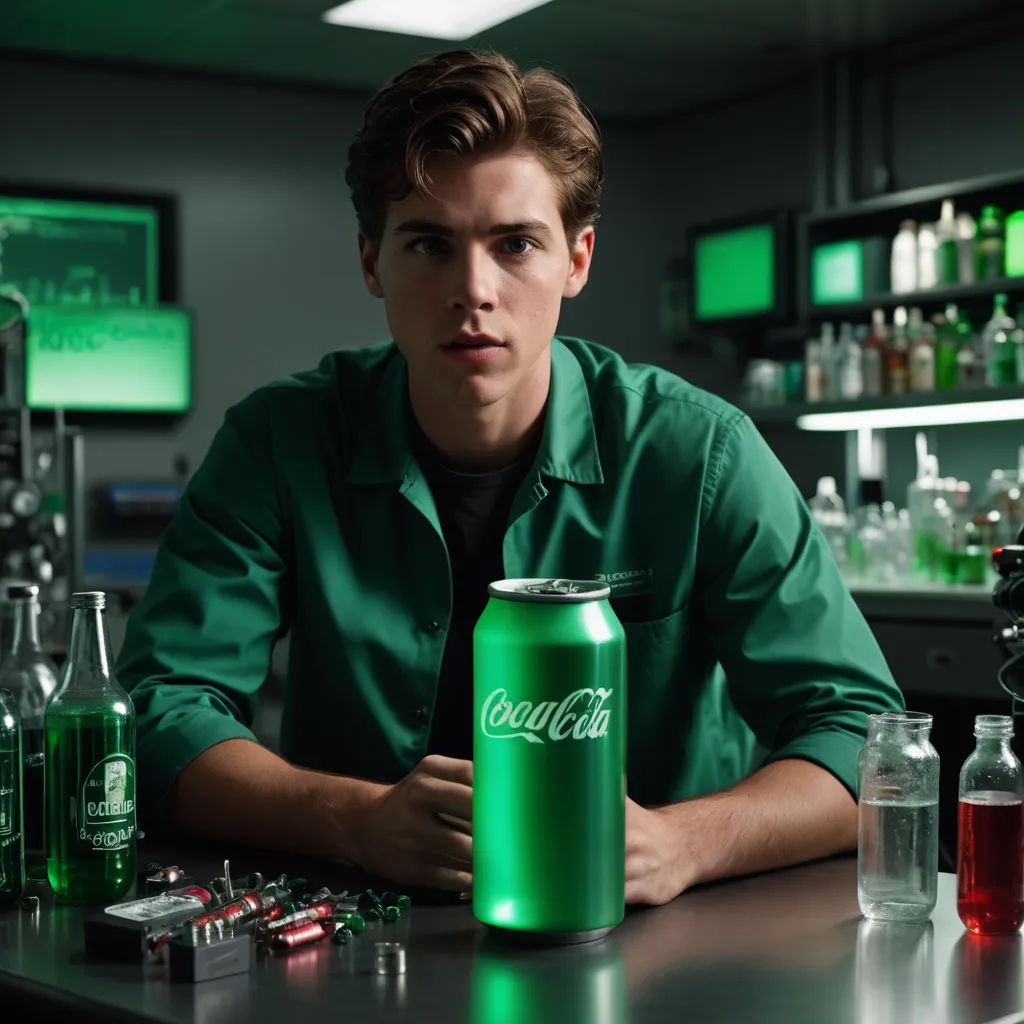 a man sitting at a table with a green can of soda in front of him and several other bottles, hypermodernism, computer graphics, Dorothy Coke, green