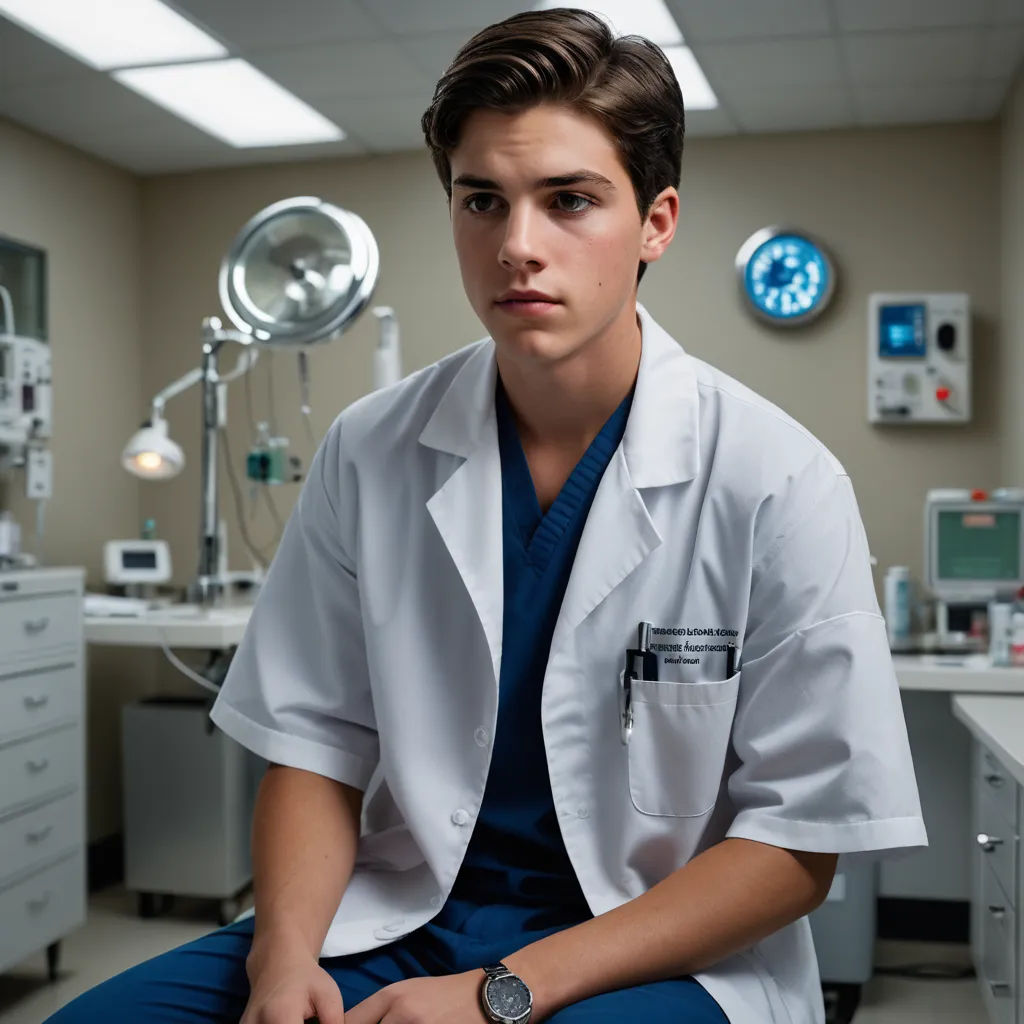 a young man in a white lab coat sitting in a room with medical equipment on the walls and a clock on the wall, neoplasticism, a stock photo, Clark Voorhees, promotional image