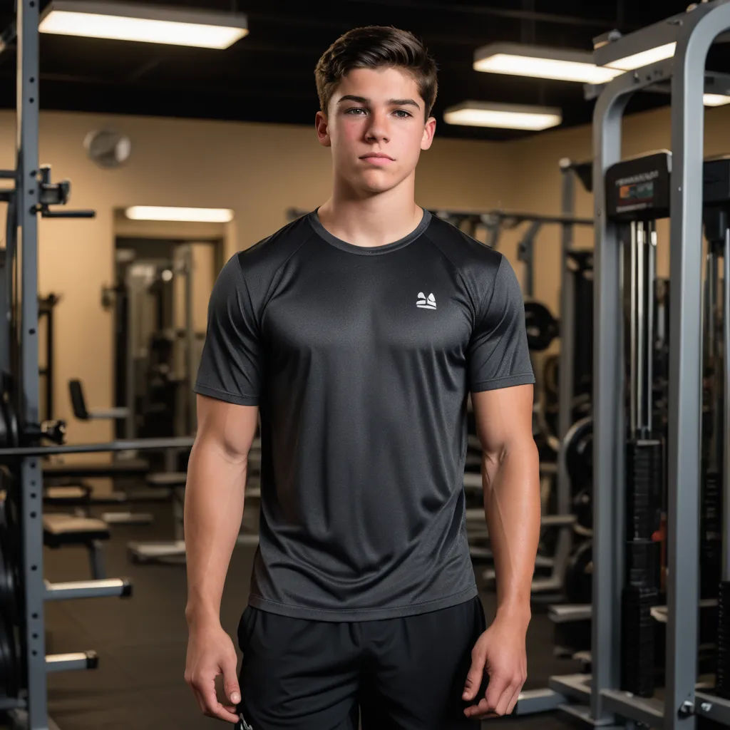 a man standing in a gym with a machine in the background and a row of exercise equipment behind him, private press, a stock photo, Christian Hilfgott Brand, product photo