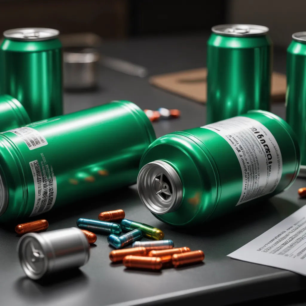 a table with several cans of energy drinks and a few pills on it and a few papers on the table, photorealism, a 3D render, Filip Hodas, realistic render