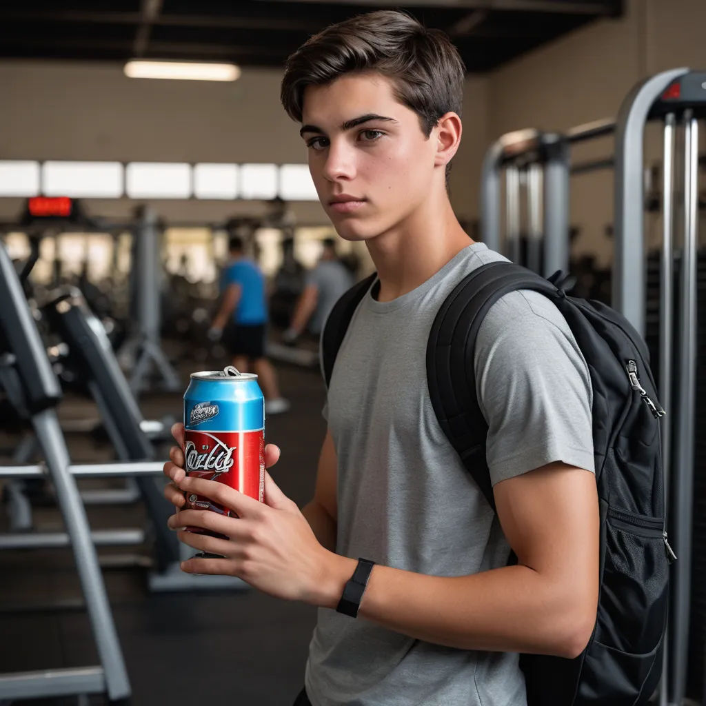 a young man holding a can of beer in a gym area with a machine behind him and a gym equipment behind him, aestheticism, a stock photo, Adam Dario Keel, product photo