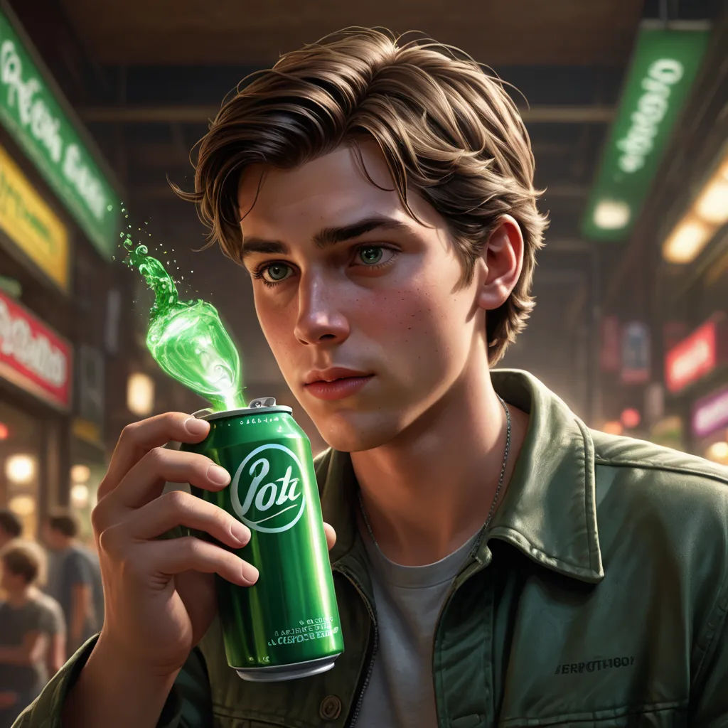 a man holding a can of soda in his hand and a green light coming out of it in the background, sots art, a photorealistic painting, Clint Cearley, ultra realistic digital art