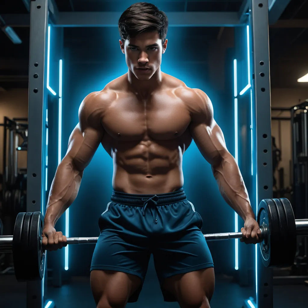 a man is posing for a picture in a gym with a barbell in his hand and a blue light behind him, private press, a bronze sculpture, Alexander Kucharsky, muscular