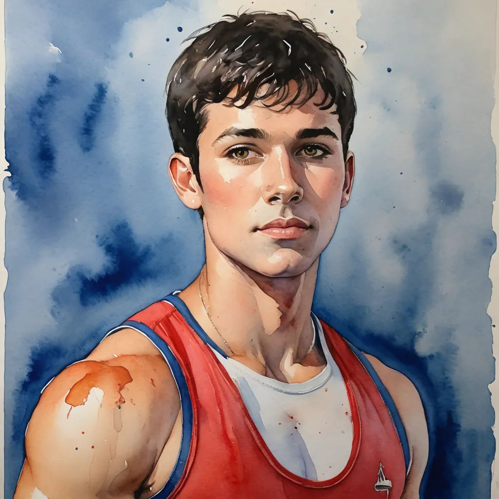 a painting of a man with a red shirt and blue vest on, with a blue background and a white spot, figurative art, a watercolor painting, Fabien Charuau, watercolor