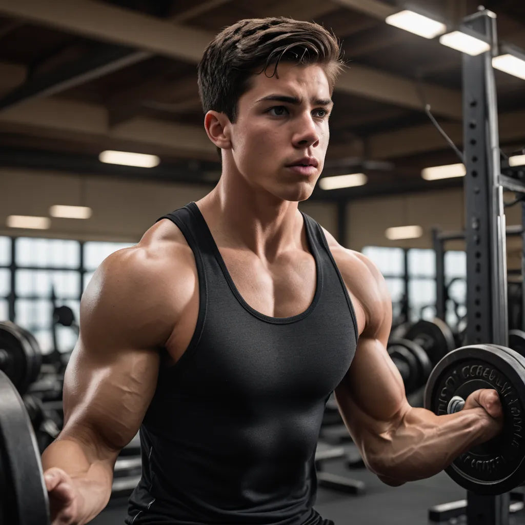 a man is doing a dumb press with a barbell in a gym room with windows and a view of the floor, superflat, a stock photo, Andor Basch, muscular