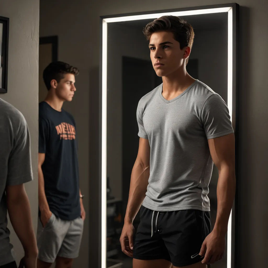 a man standing in front of a mirror in a bathroom next to another man in a gray shirt and shorts, aestheticism, a photocopy, Everett Warner, reflective