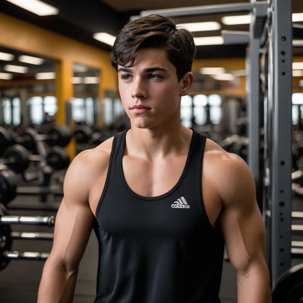 a man standing in a gym with a rack of dumbs behind him and a row of dumbs behind him, american barbizon school, a character portrait, Clark Voorhees, kai carpenter