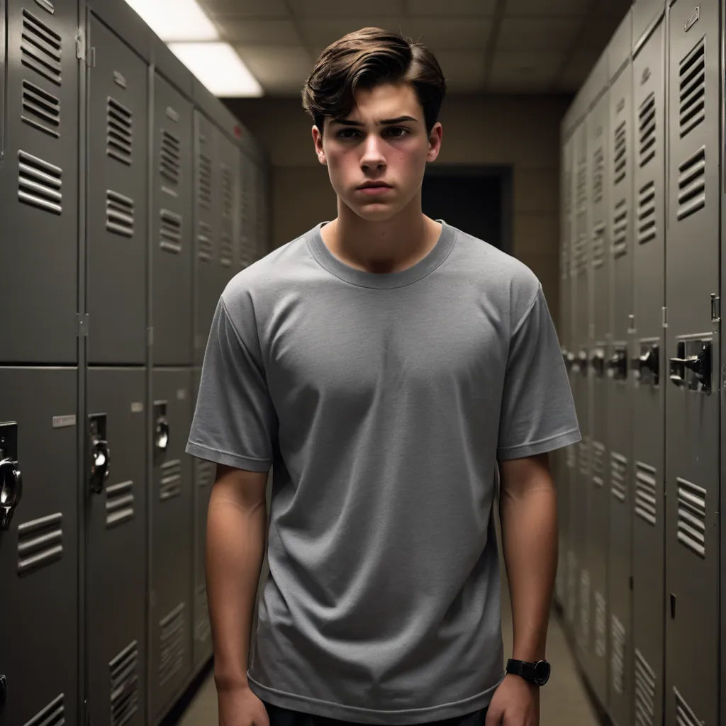 a man standing in a hallway between two rows of lockers with his hands in his pockets and his face in his hands, precisionism, a character portrait, David Budd, diffuse lighting