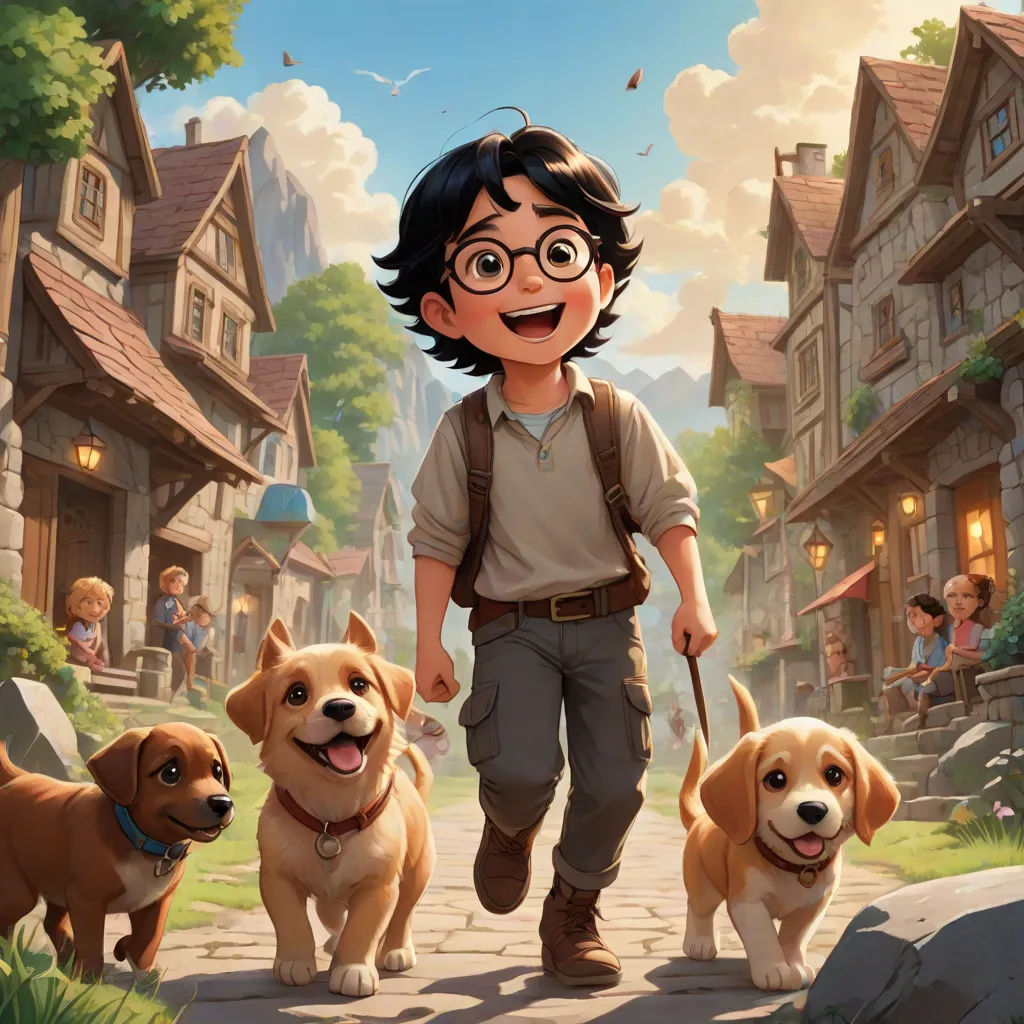 a boy walking three dogs down a street with a dog on a leash and a dog on a leash, fantasy art, a storybook illustration, Clint Cearley, official art