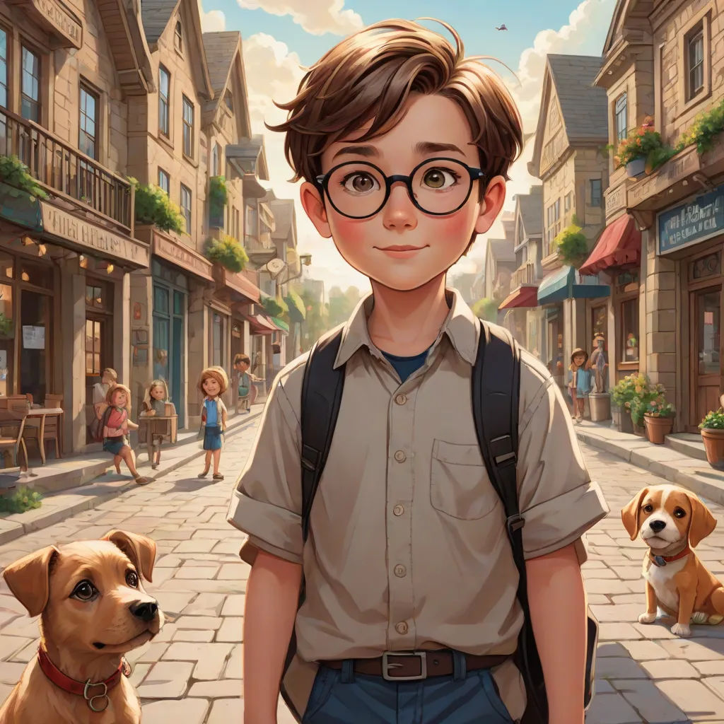 a boy with glasses and a backpack standing next to a dog on a street with buildings and people in the background, american scene painting, a storybook illustration, Aaron Jasinski, kinkade