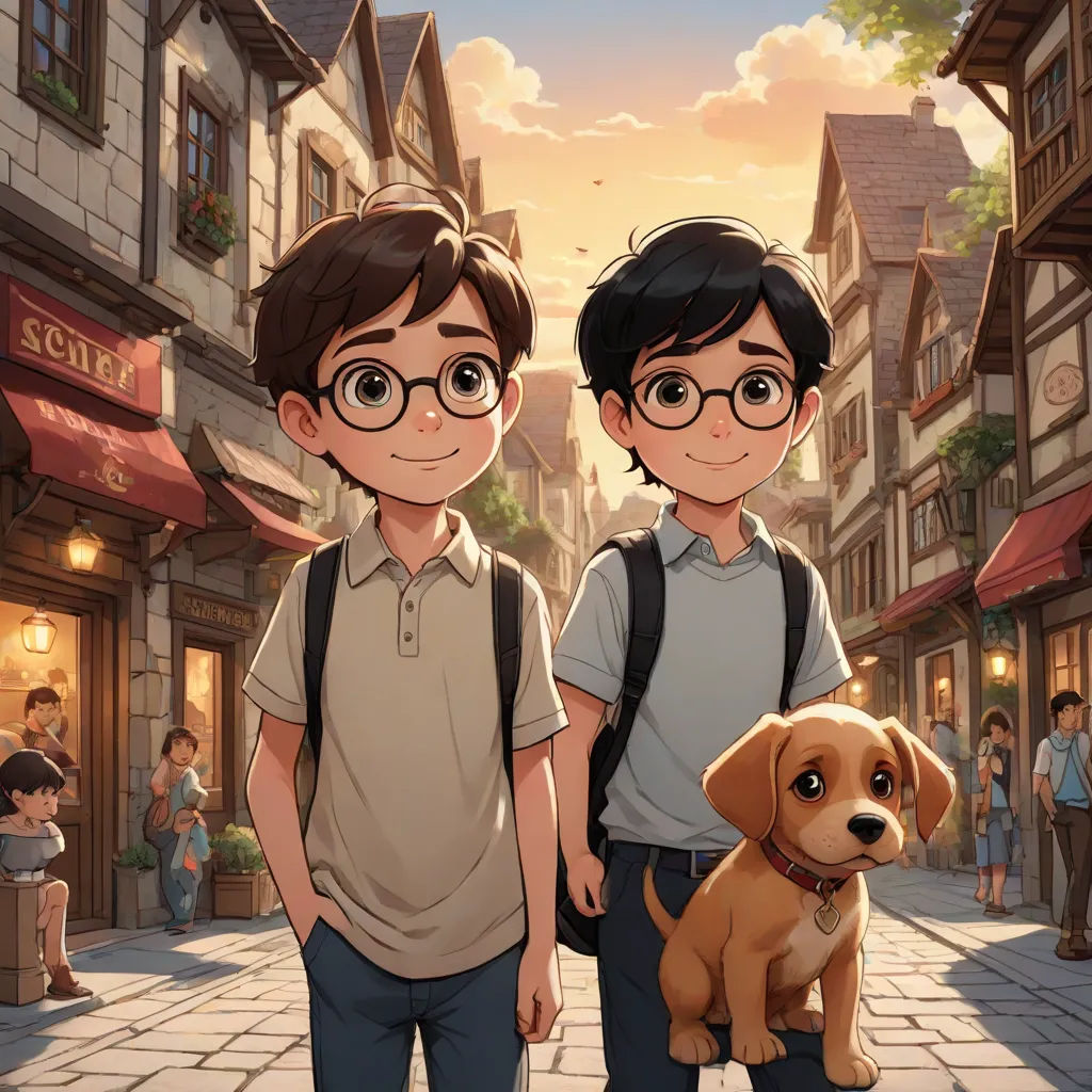 two boys standing next to a dog in a street with a crowd of people in the background and a dog on the sidewalk, sots art, a comic book panel, Brothers Hildebrandt, official art