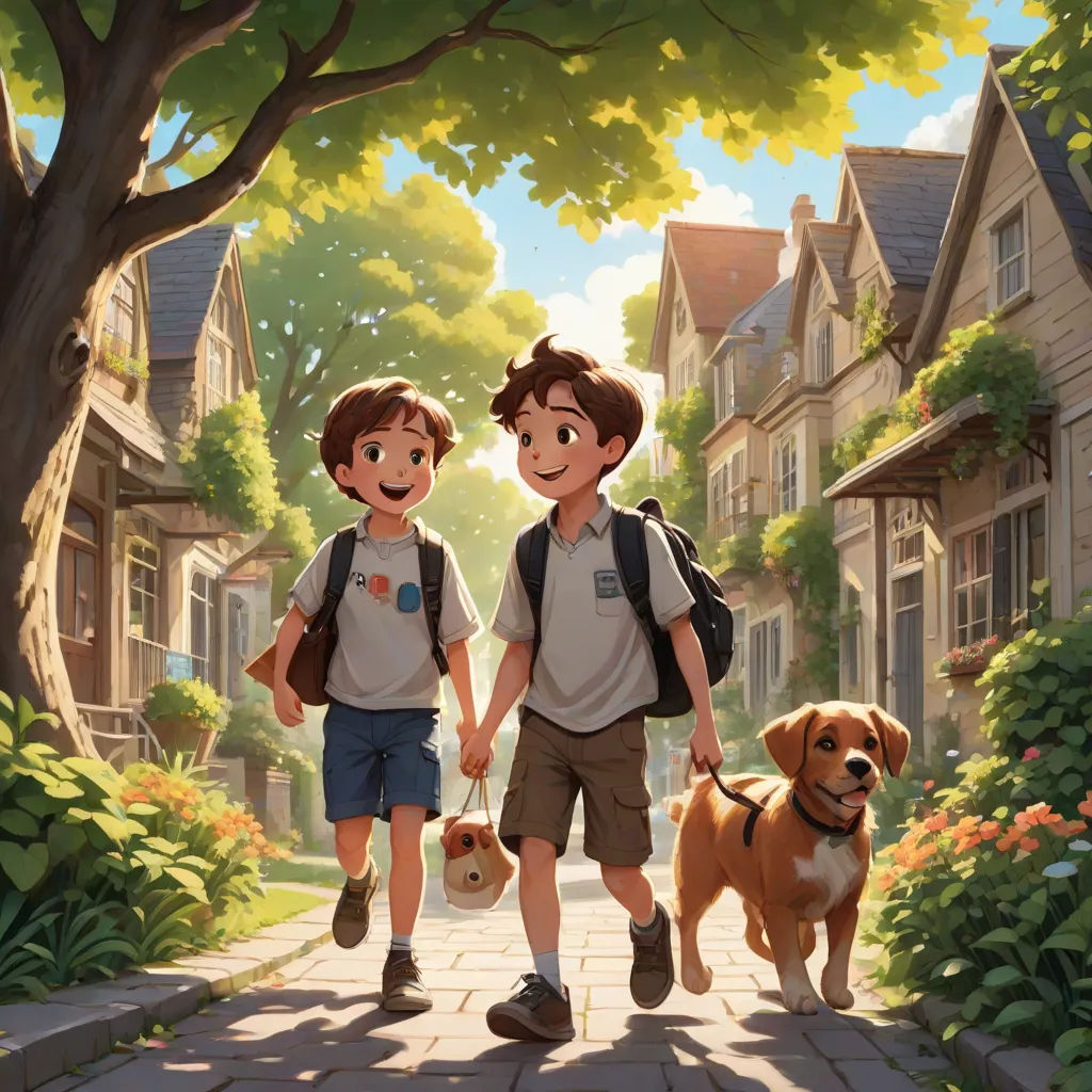 two boys walking down a street with a dog on a leash and a dog on a leash behind them, american scene painting, a storybook illustration, Brothers Hildebrandt, official art