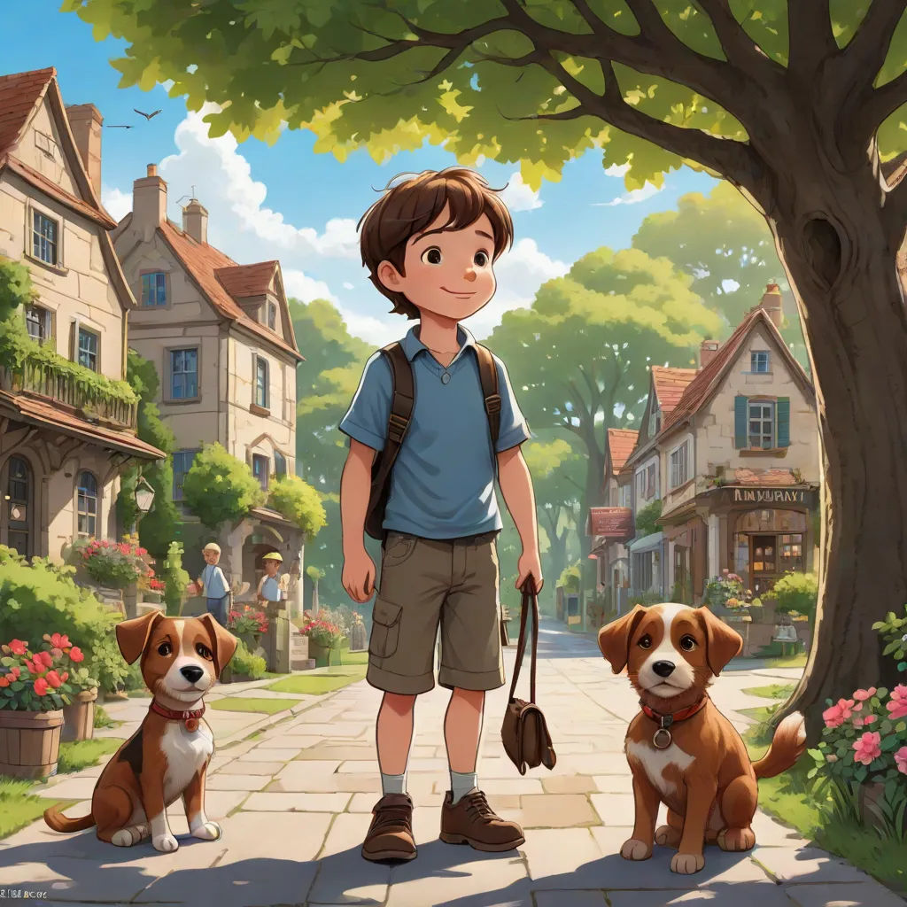 a boy and two dogs standing in front of a tree and a house with a boy holding a leash, american scene painting, a storybook illustration, Cedric Seaut (Keos Masons), official art