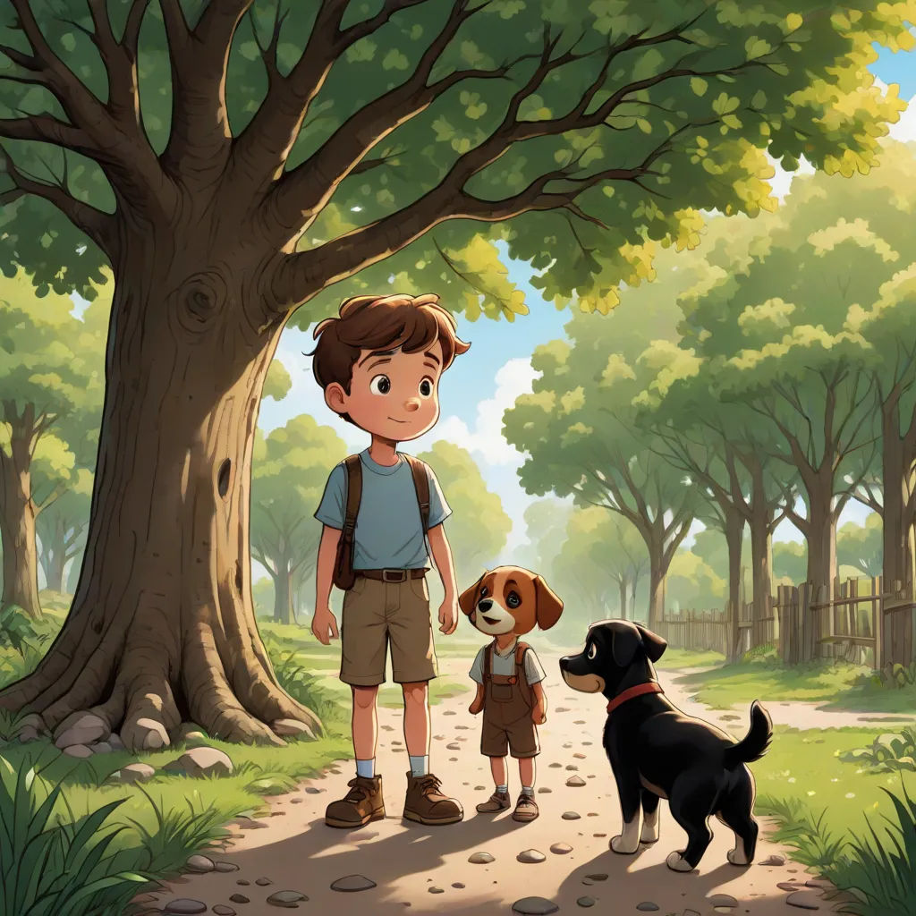 a boy and a dog standing on a path in a park with a tree and a fence in the background, naive art, a storybook illustration, Diego Gisbert Llorens, storybook illustration