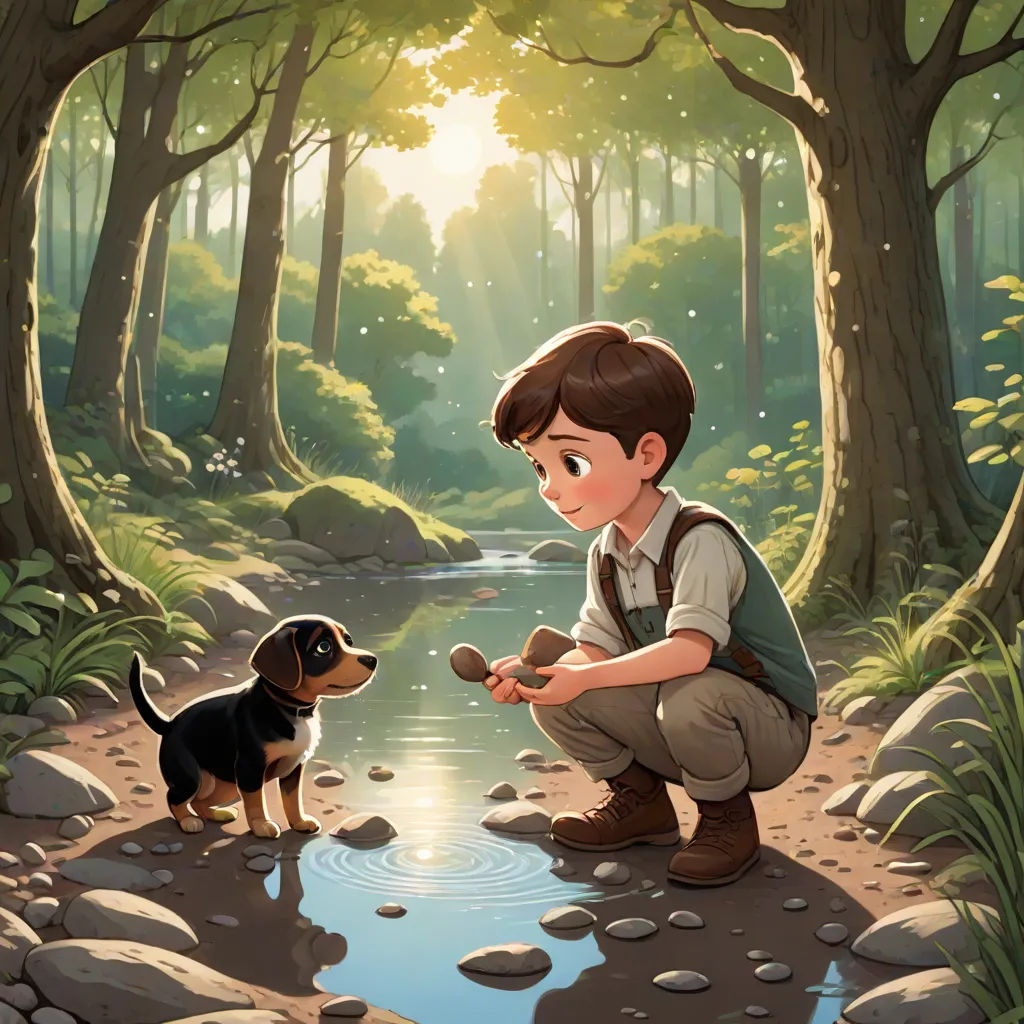 a boy kneeling down next to a dog in a forest with a stream of water and rocks in front of him, american scene painting, a storybook illustration, Aaron Jasinski, storybook illustration