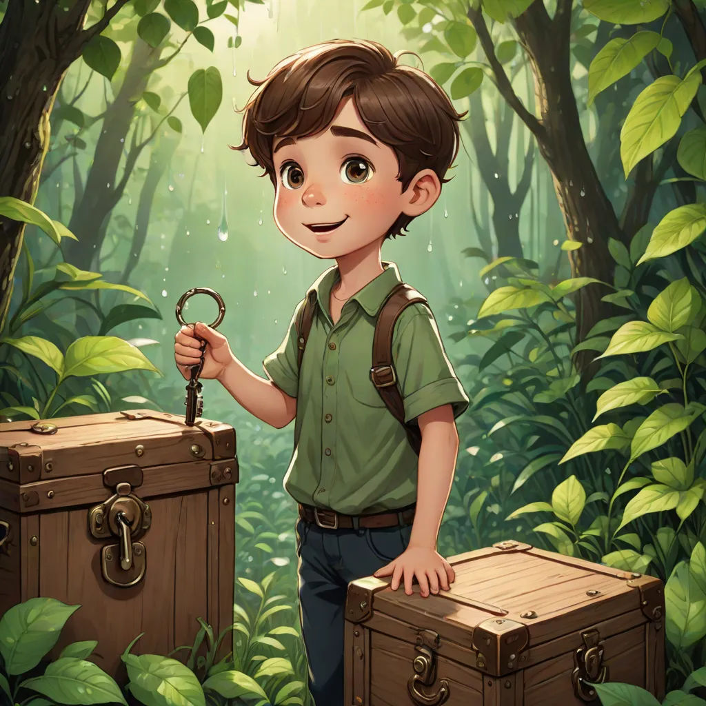 a boy holding a key to a chest in a forest with a trunk in front of him and a trunk in the foreground, fantasy art, a storybook illustration, Diego Gisbert Llorens, rossdraws global illumination