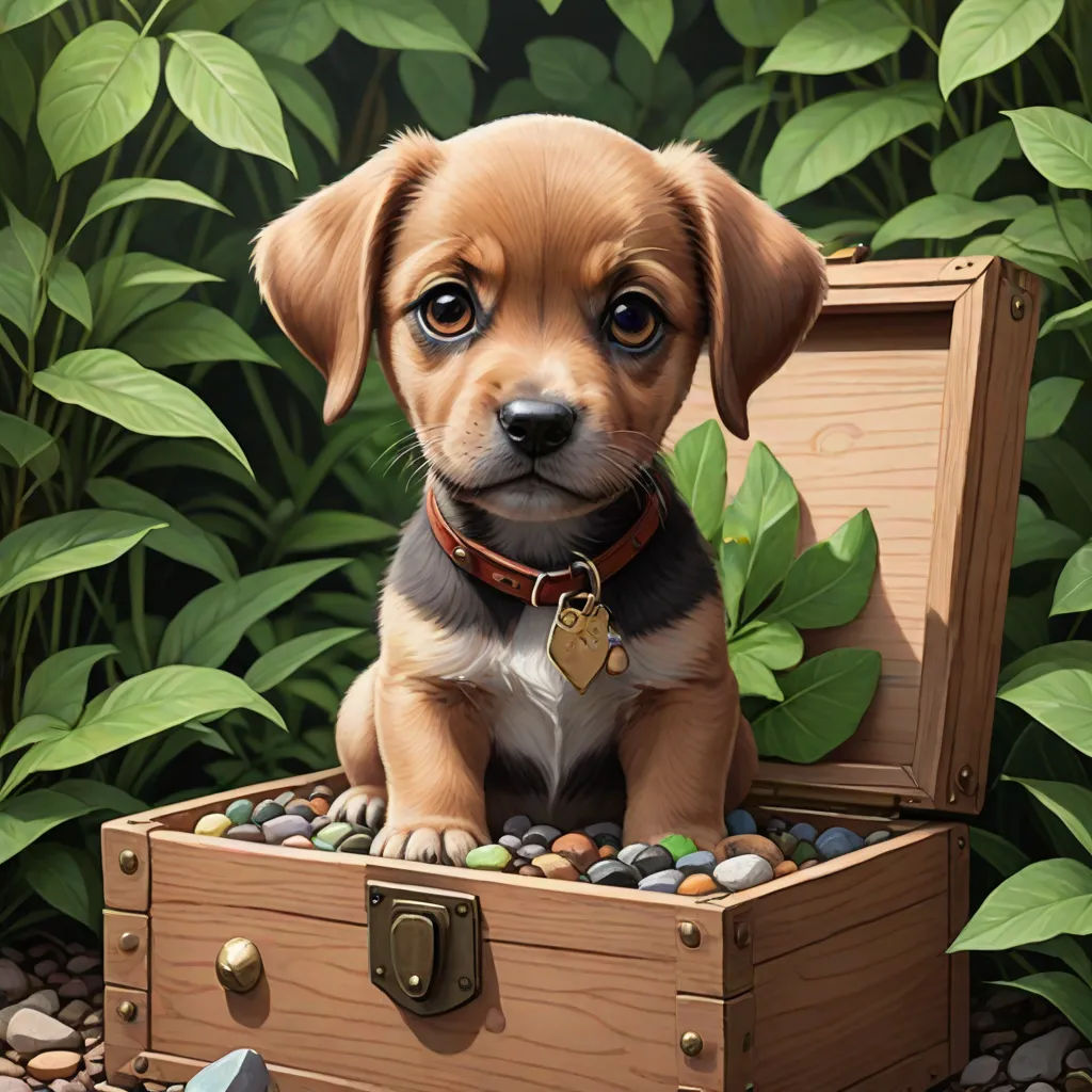 a puppy sitting in a wooden trunk in a garden of plants and rocks with a dog tag on it, photorealism, a photorealistic painting, Chris LaBrooy, highly detailed digital painting