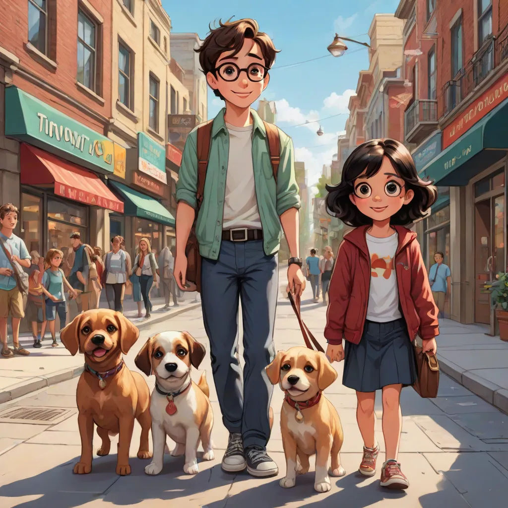 a man and woman walking two dogs down a street with a boy and two dogs on a leash behind them, american scene painting, a storybook illustration, disney, official art
