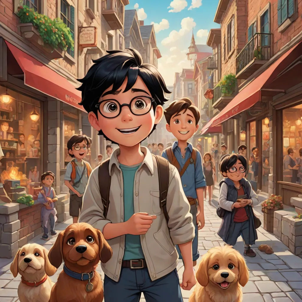 a boy with glasses and a backpack standing in front of a group of dogs on a city street with people walking by, sots art, a comic book panel, disney, official art