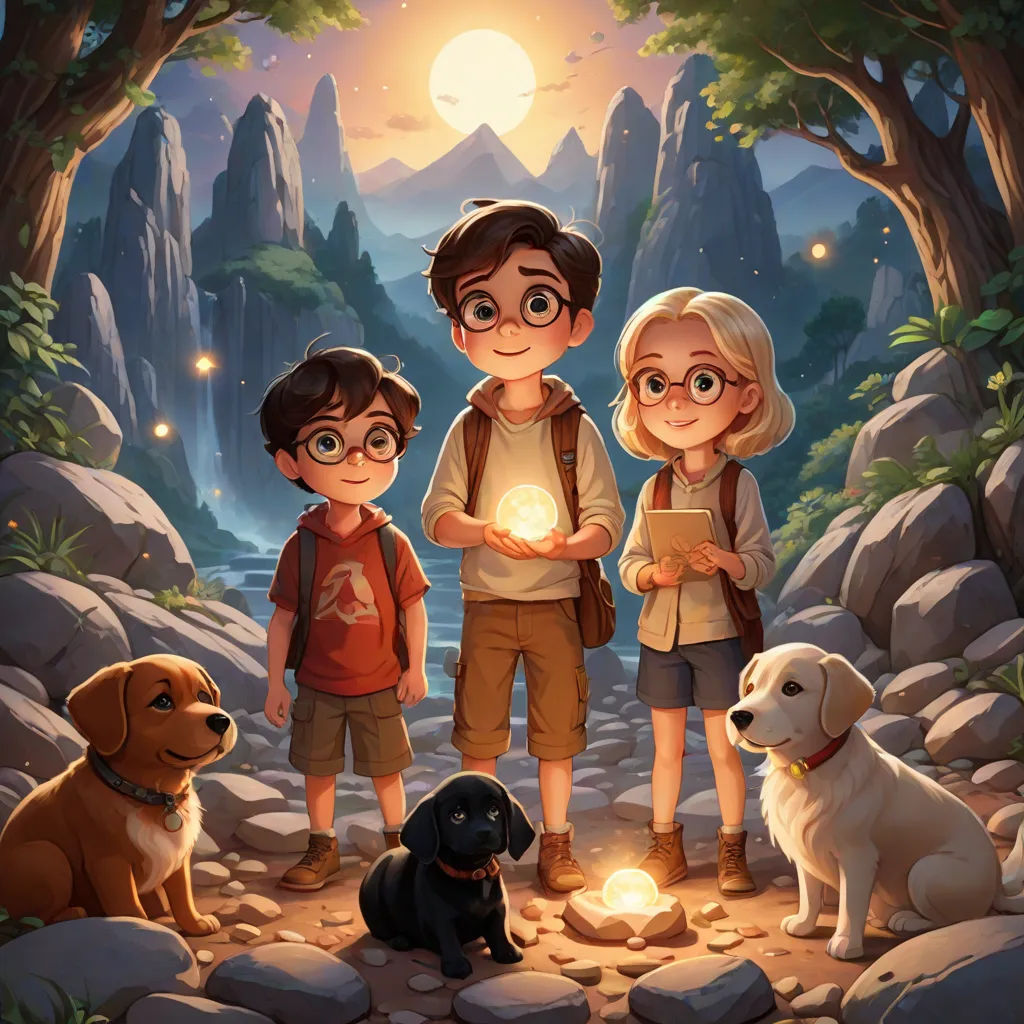 a group of children standing next to a dog on a forest floor with a glowing orb in their hands, sots art, a storybook illustration, Diego Gisbert Llorens, official art