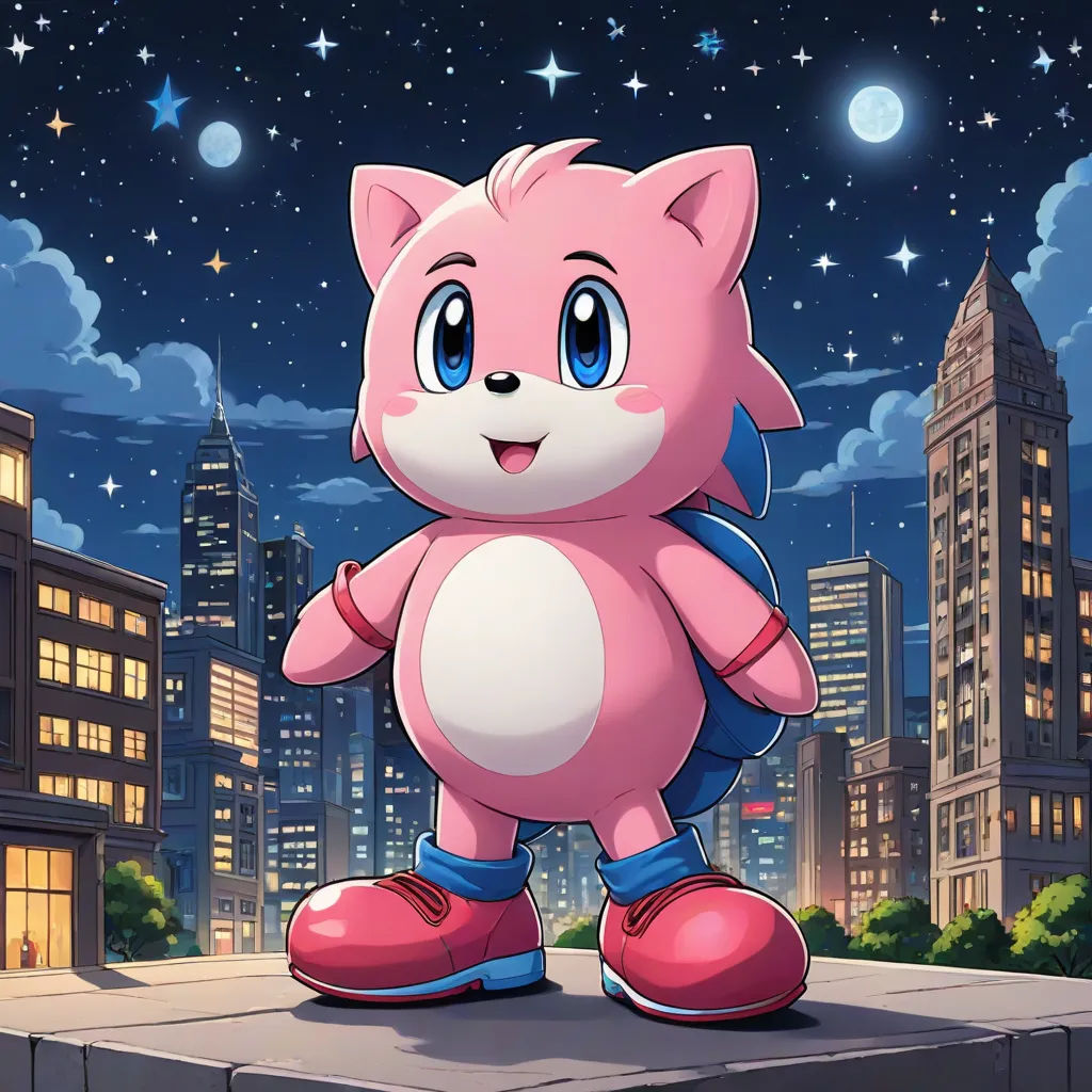 a pink cat standing on top of a building in a city at night with stars and moon in the sky, sots art, an album cover, artist, official art