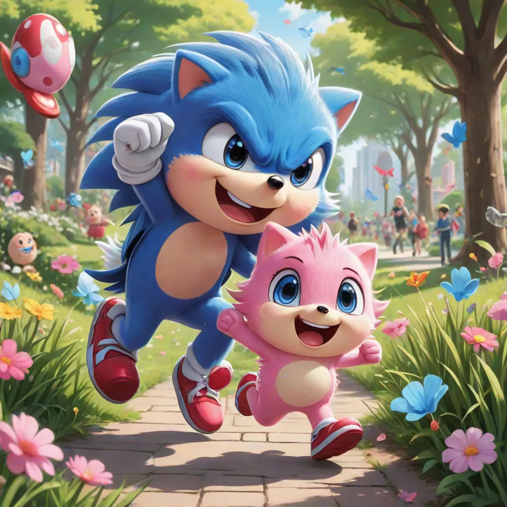 a cartoon character running with a baby animal in a park with flowers and trees in the background, and a background of people and trees, sots art, concept art, Chris LaBrooy, official art