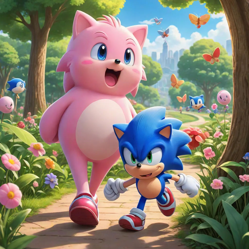 a cartoon character is walking next to a pig in a park with flowers and butterflies around him and a pig is running, sots art, concept art, Chris LaBrooy, official art