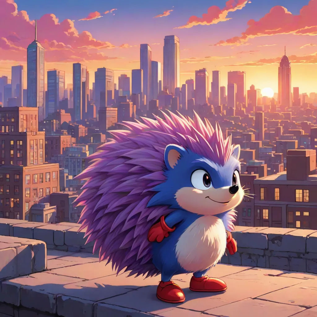 a cartoon hedge standing on a ledge in front of a city skyline at sunset with a pinkish sky, sots art, concept art, Chris LaBrooy, official art