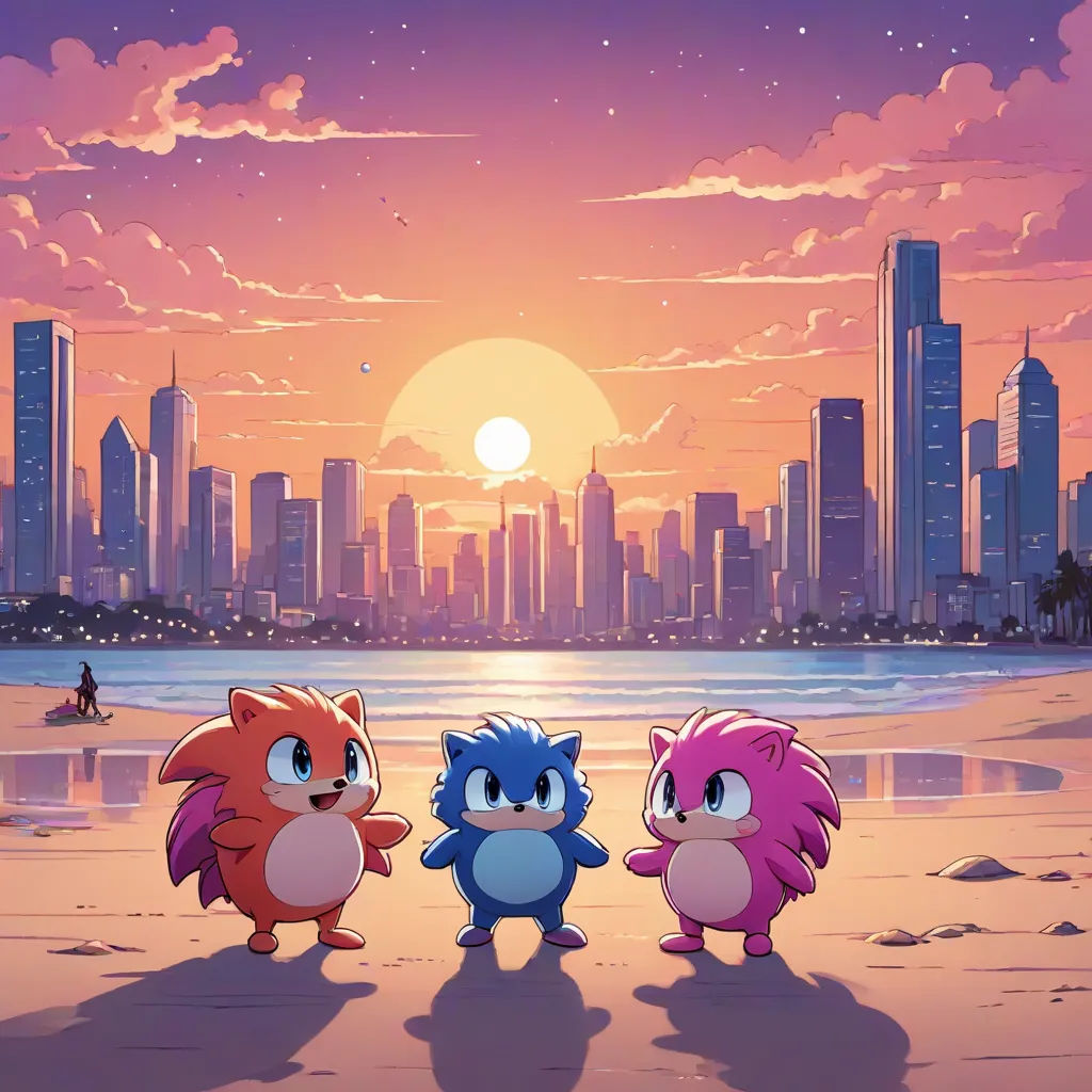 a group of cartoon characters standing on a beach in front of a city skyline at sunset with the sun setting, sots art, poster art, Chris LaBrooy, official art