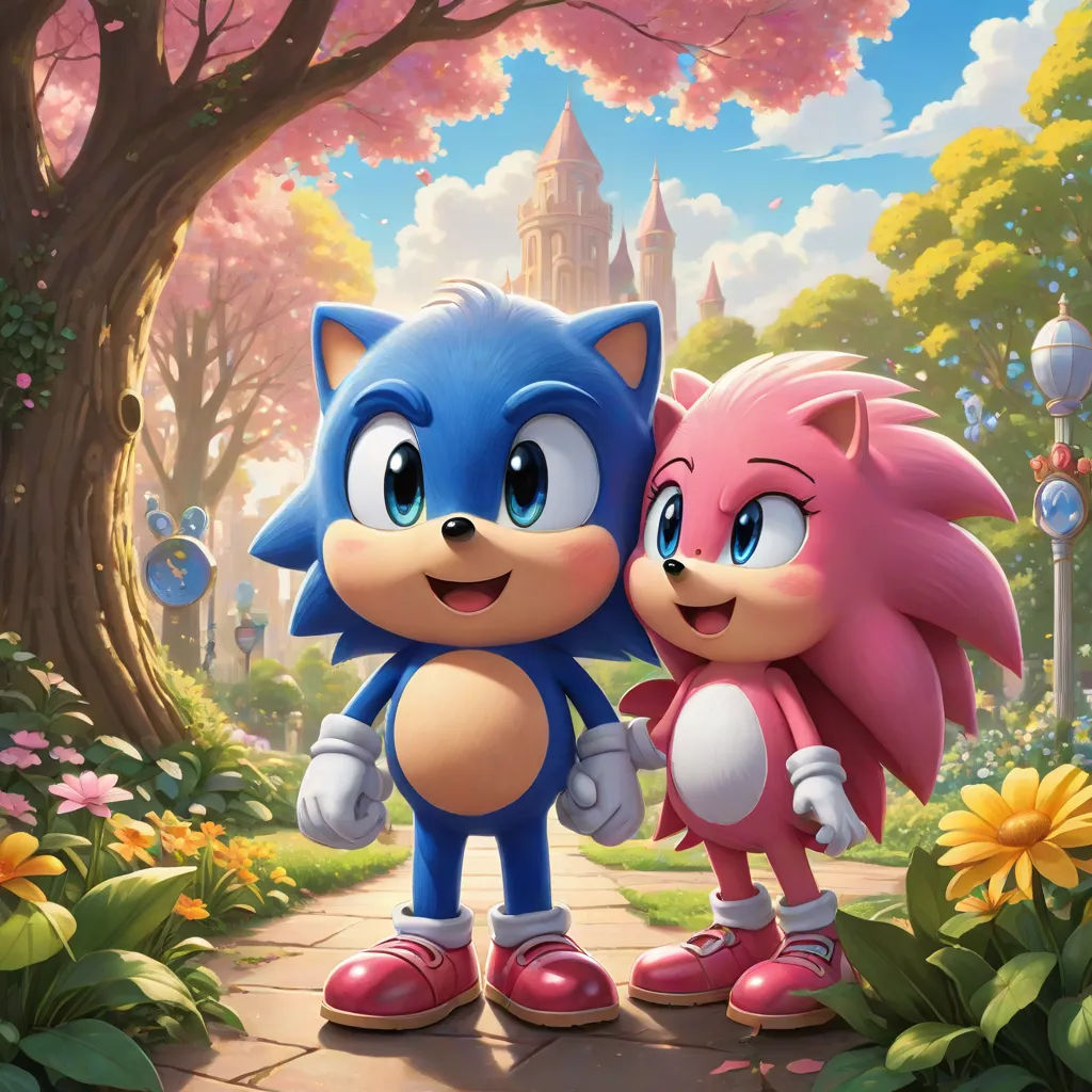 a couple of cartoon characters standing next to each other in a park with flowers and trees in the background, sots art, concept art, Chris LaBrooy, official art