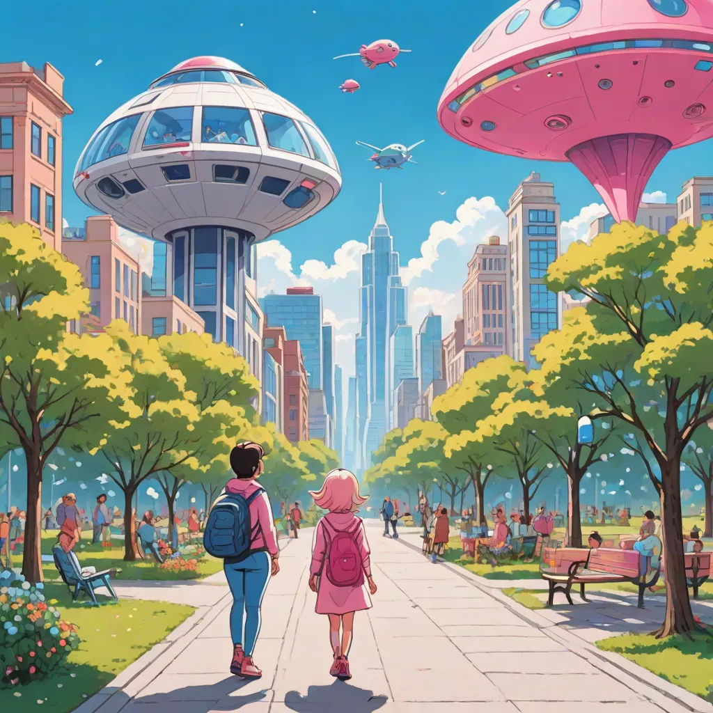 a couple of people walking down a street next to a park with trees and buildings in the background and a pink alien like object, retrofuturism, a comic book panel, Chris LaBrooy, yukito kishiro