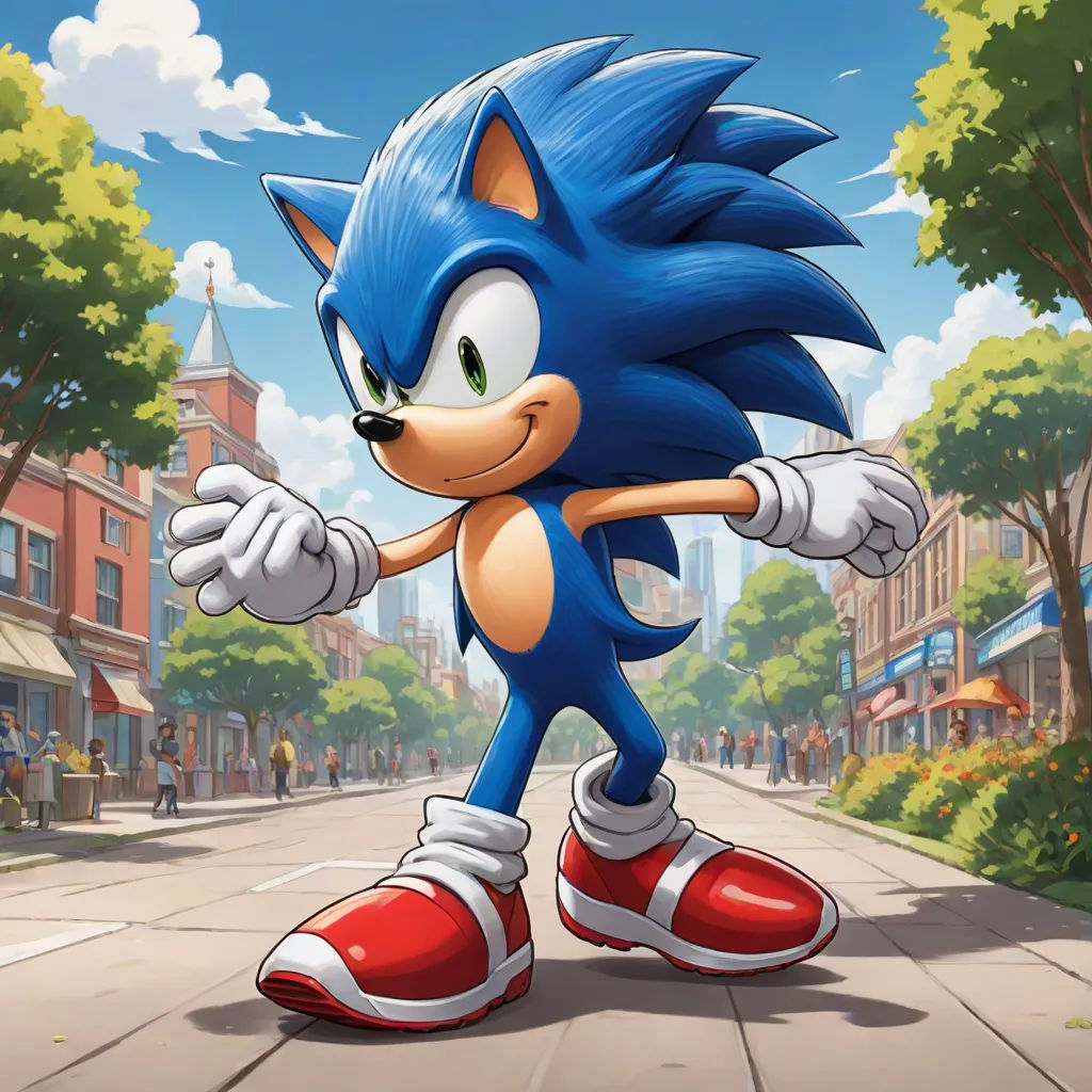 a cartoon character is running down a street in a city street with buildings and trees in the background and a blue hedge, sots art, concept art, Chris LaBrooy, official art