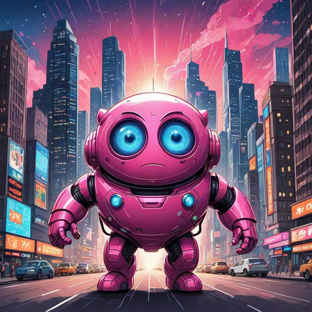 a pink robot standing in the middle of a city street with a pink sky background and buildings in the background, sots art, poster art, Dan Mumford, josan gonzales and dan mumford