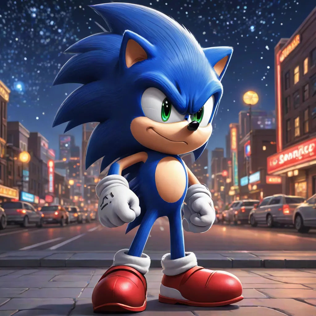 a sonic the hedge character in a city at night with a city background and stars in the sky above, sots art, concept art, Eddie Mendoza, official art