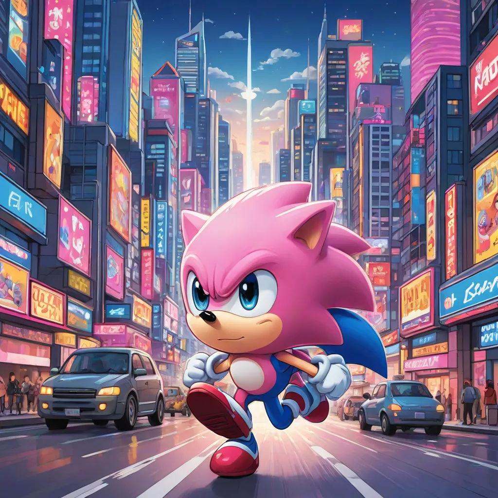 a cartoon character running through a city at night with neon lights and neon signs in the background, with a cityscape in the background, sots art, an album cover, Chris LaBrooy, official art